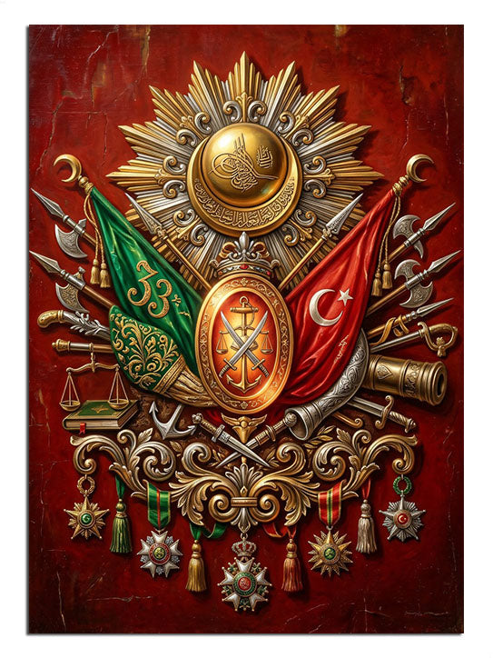 Kırmızı zeminde Osmanlı arması ve sancaklar lüks tarihi tablo.
