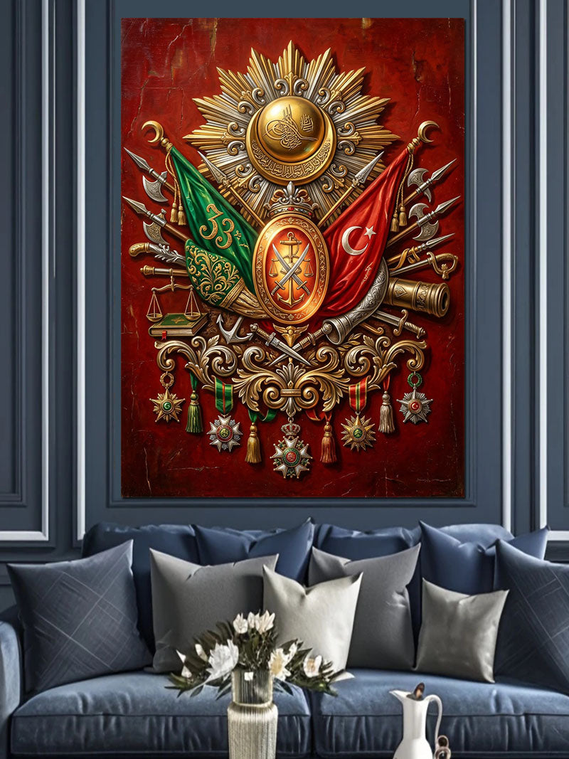 Osmanlı Armalı Tuğralı Sancak Tablosu Kanvas Tablo