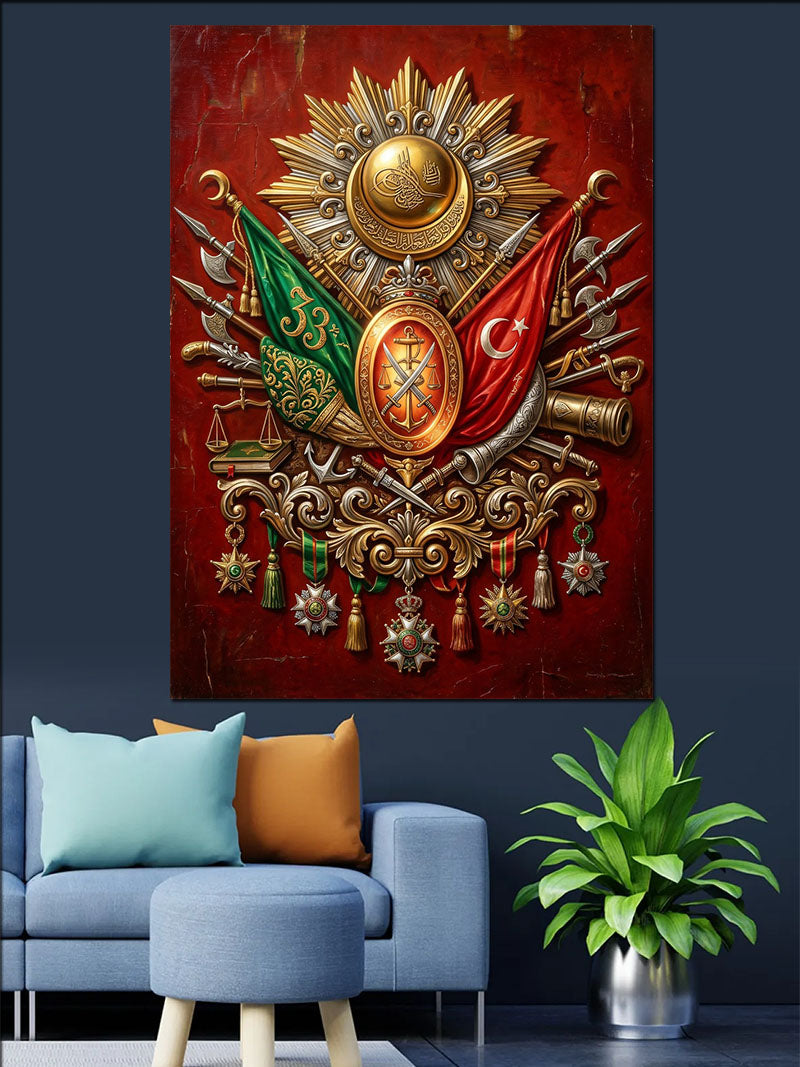 Osmanlı Armalı Tuğralı Sancak Tablosu Kanvas Tablo