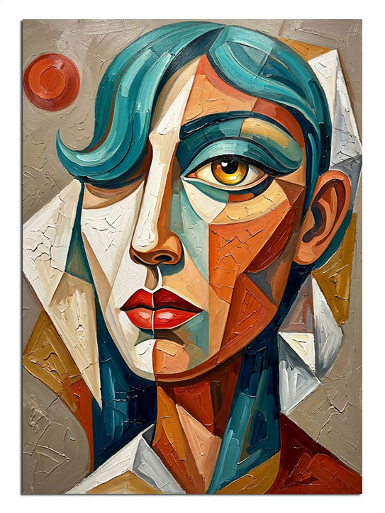 Mavi saçlı geometrik kadın portresi modern sanat tablosu.