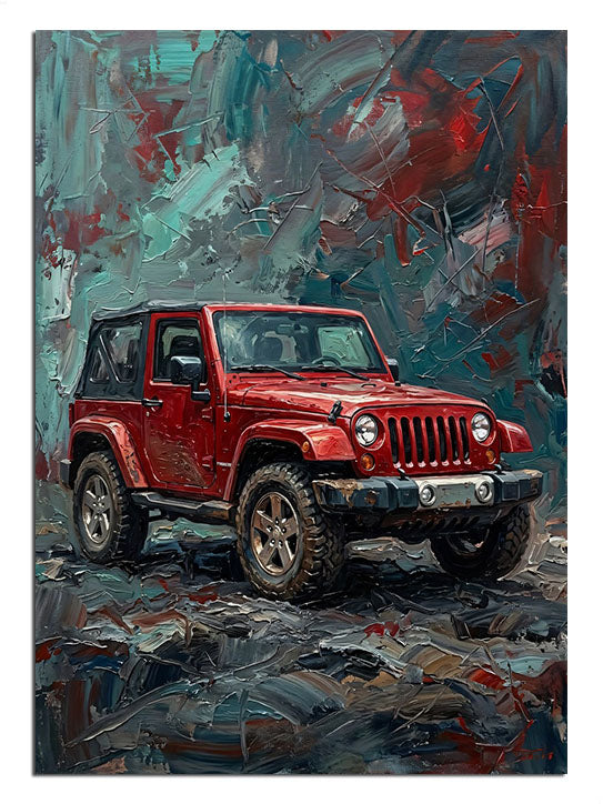 Çamurlu arazide kırmızı Jeep Wrangler arazi aracı tablosu.