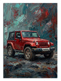 Çamurlu arazide kırmızı Jeep Wrangler arazi aracı tablosu.