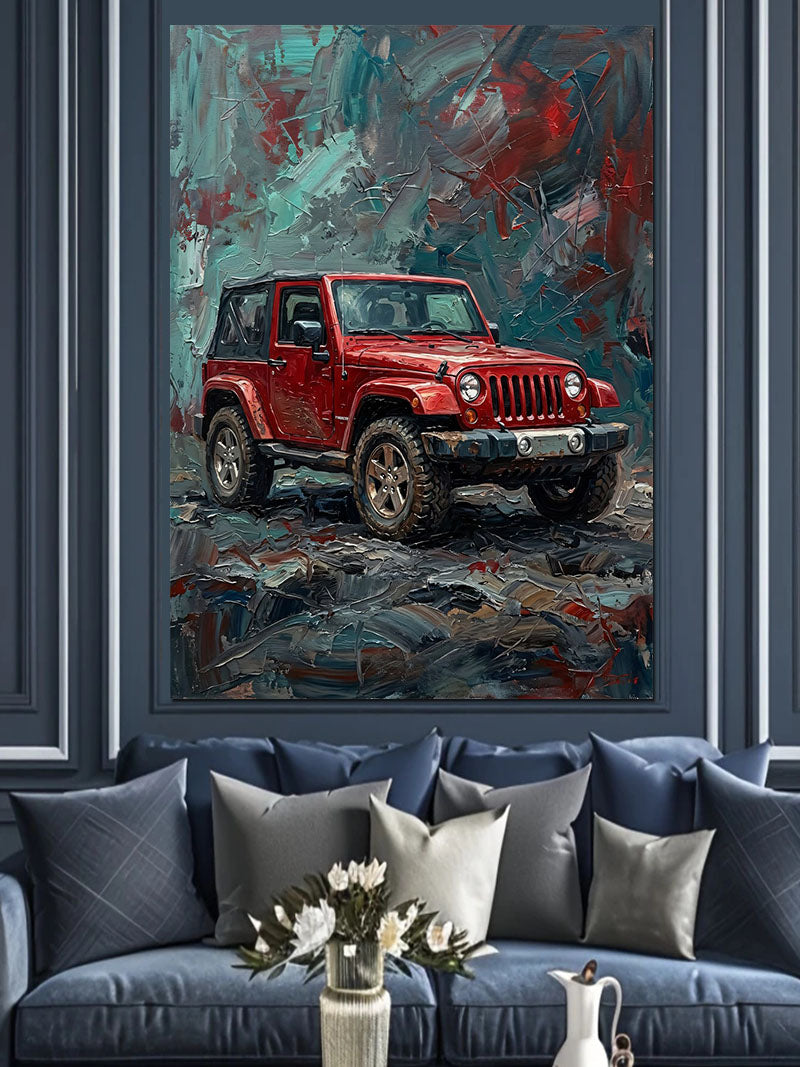 Çamurlu Yolda Kırmızı Jeep Arazi Aracı Kanvas Tablo