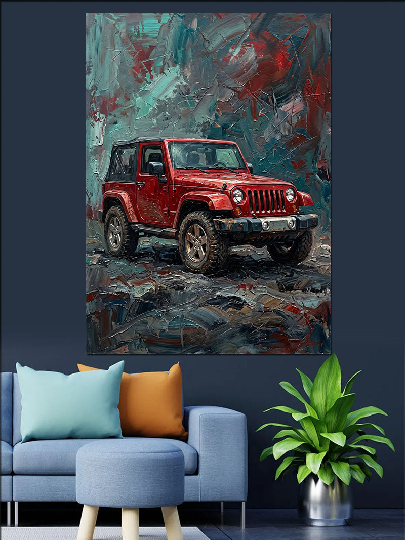 Çamurlu Yolda Kırmızı Jeep Arazi Aracı Kanvas Tablo