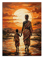 Gün batımında el ele yürüyen anne ve çocuk Afrika manzarası tablosu.