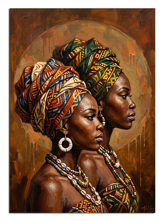Renkli başlıklı iki Afrikalı kadın profili etnik portre tablosu.