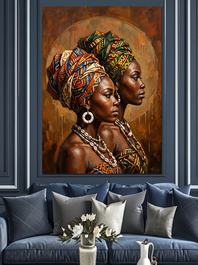 Renkli Başlıklı İki Afrikalı Kadın Portresi Kanvas Tablo