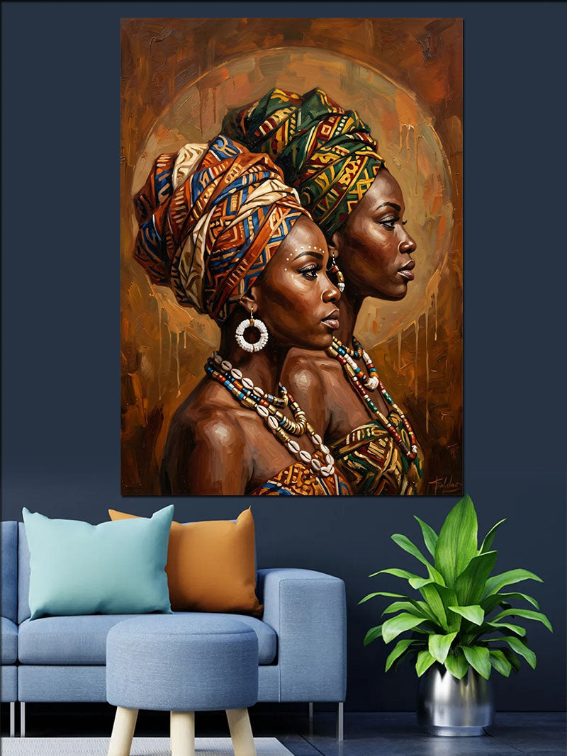 Renkli Başlıklı İki Afrikalı Kadın Portresi Kanvas Tablo