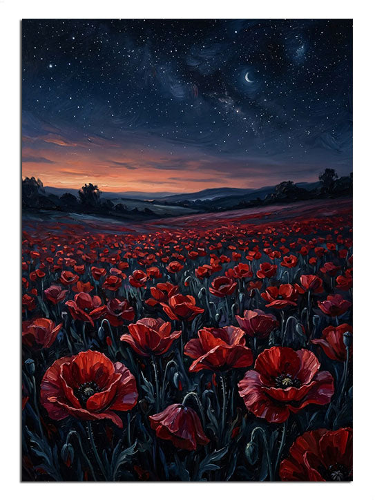 Yıldızlı gece ve dolunay altında kırmızı gelincik tarlası manzarası tablosu.