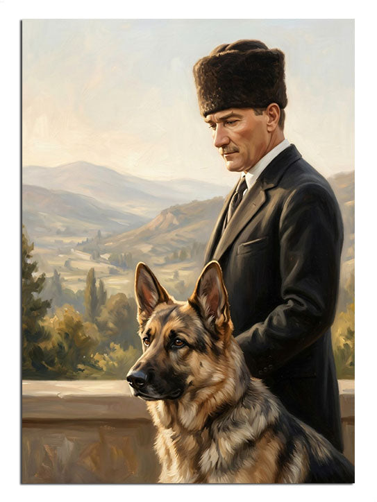 Balkonda Alman kurdu köpeği ile duran şapkalı adam portresi tablosu.