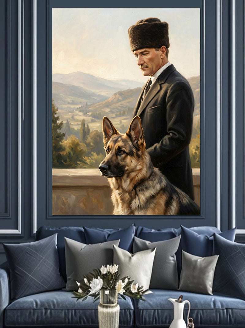 Köpeğiyle Balkonda Duran Şapkalı Atatürk Kanvas Tablo