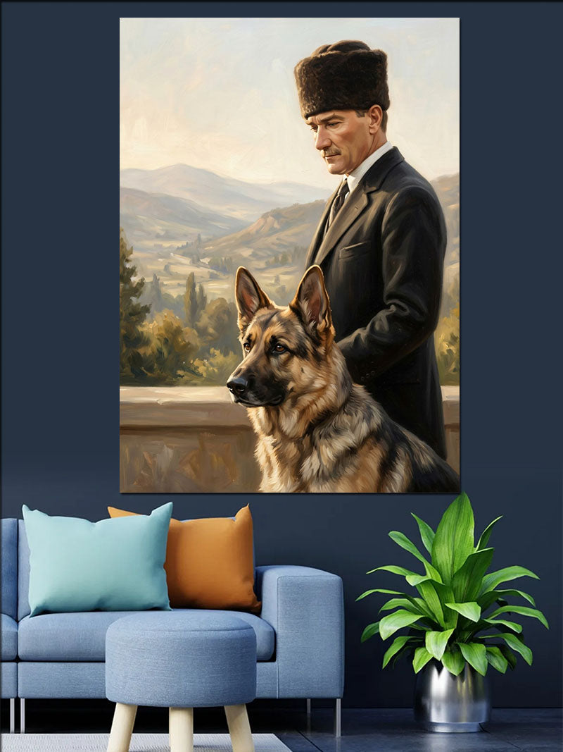Köpeğiyle Balkonda Duran Şapkalı Atatürk Kanvas Tablo