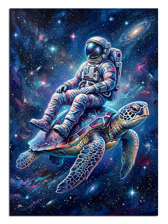 Uzayda deniz kaplumbağası üzerinde oturan astronot fantastik tablo.