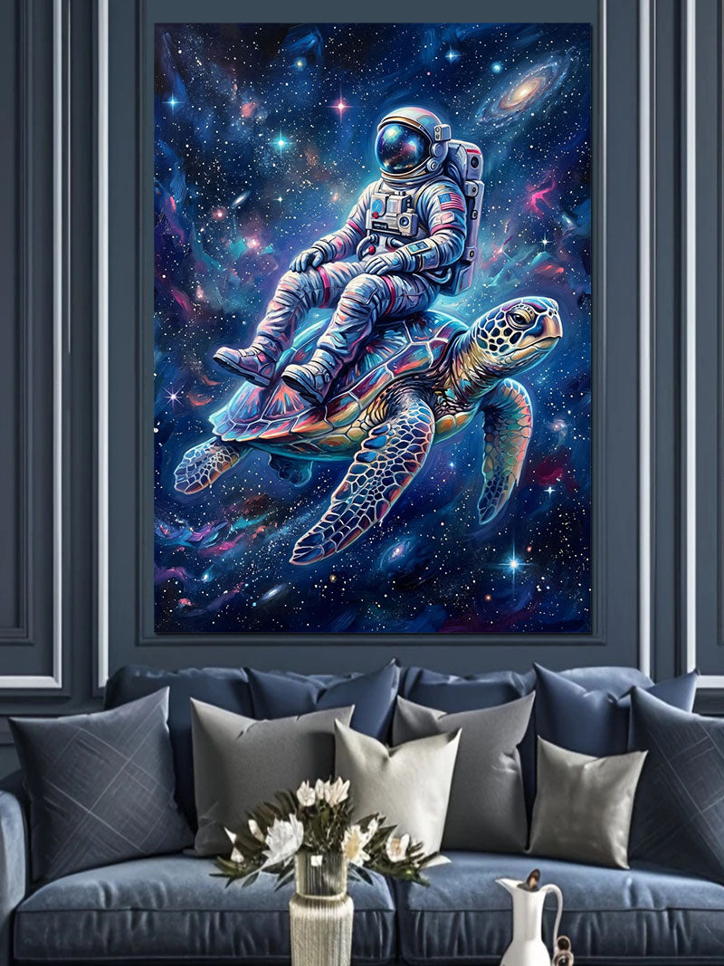 Uzayda Kaplumbağa Üzerinde Astronot Tablosu Kanvas Tablo