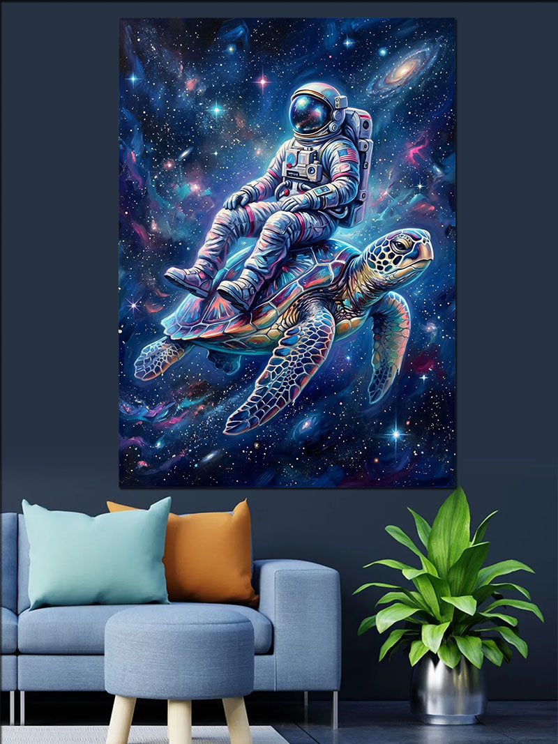 Uzayda Kaplumbağa Üzerinde Astronot Tablosu Kanvas Tablo