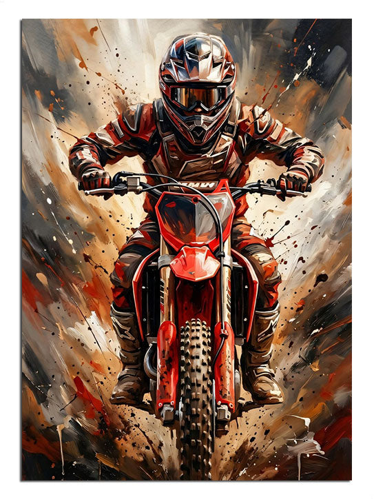 Çamurlu pistte zıplayan kırmızı motokros yarışçısı aksiyon tablosu.
