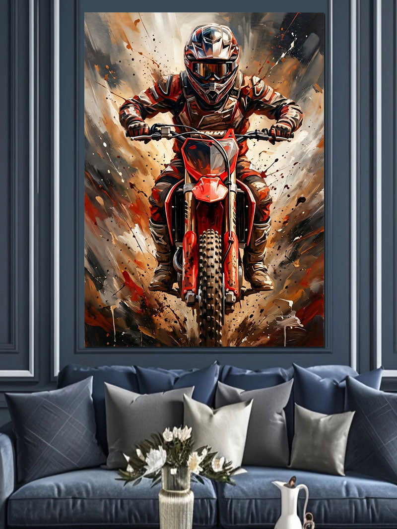 Çamurlu Pistte Kırmızı Motokros Yarışçısı Kanvas Tablo