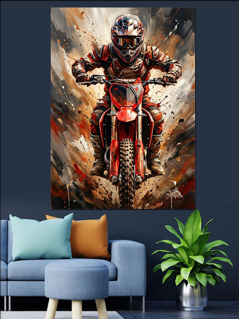 Çamurlu Pistte Kırmızı Motokros Yarışçısı Kanvas Tablo