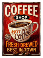 Coffee Shop Hot Coffee yazılı kahve fincanı vintage poster tablosu.