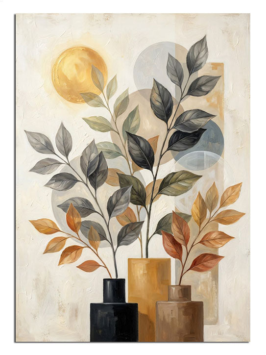 Güneş ve daireli fonda vazolu bitki dekor minimalist tablo.
