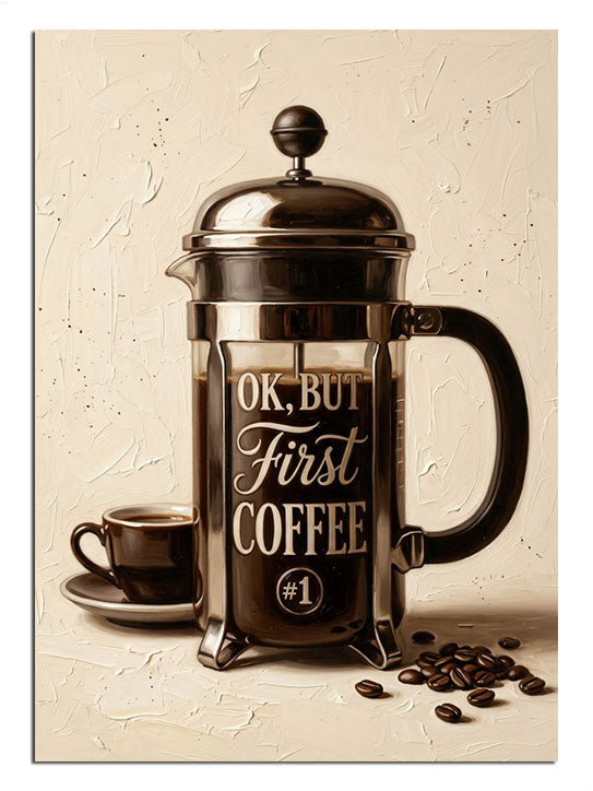 Ok But First Coffee yazılı French press kahve makinesi tablosu.