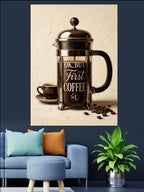 French Press Ve First Coffee Yazısı Tablosu Kanvas Tablo