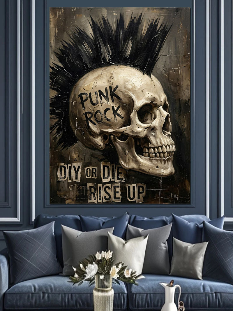 Punk Rock Yazılı Kurukafa Mohawk Tablosu Kanvas Tablo