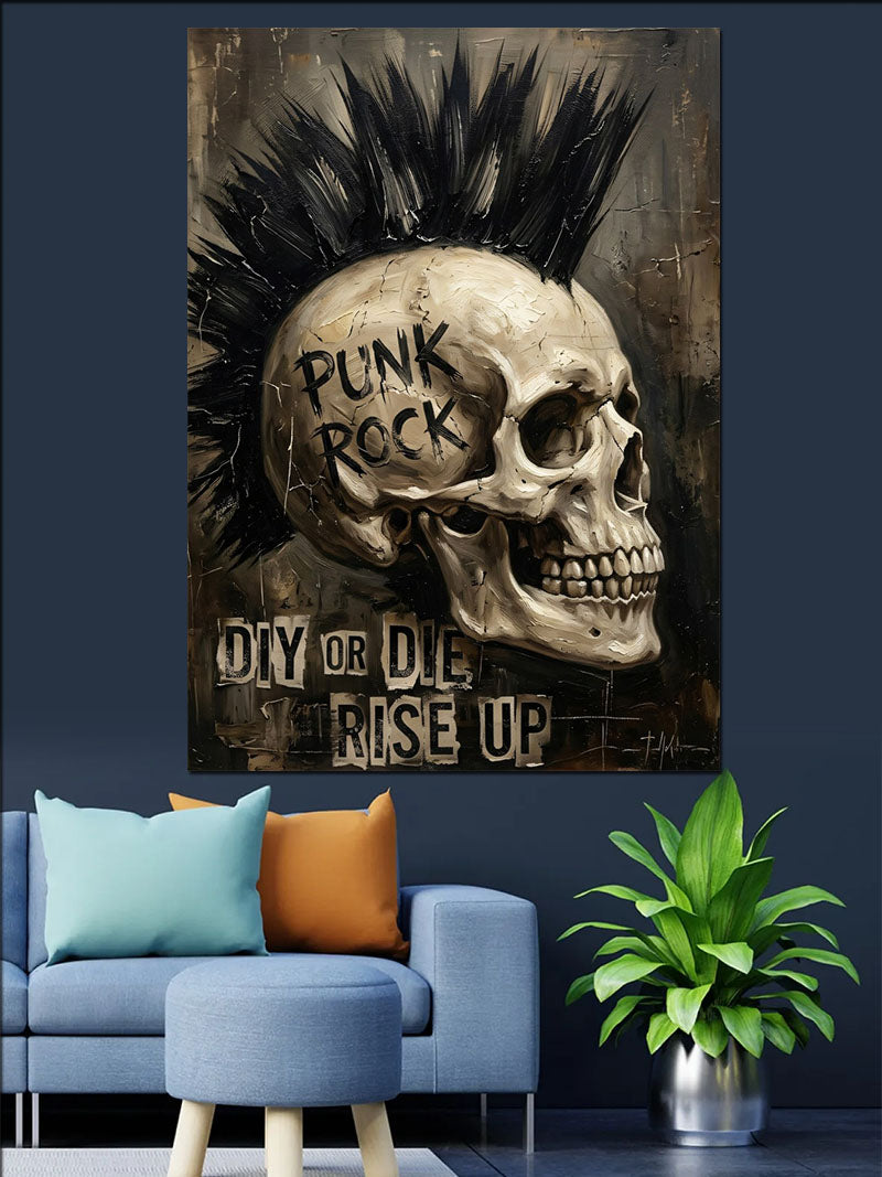 Punk Rock Yazılı Kurukafa Mohawk Tablosu Kanvas Tablo
