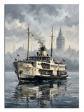 Sisli denizde İstanbul vapuru ve Galata Kulesi manzarası tablosu.