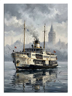 Sisli denizde İstanbul vapuru ve Galata Kulesi manzarası tablosu.