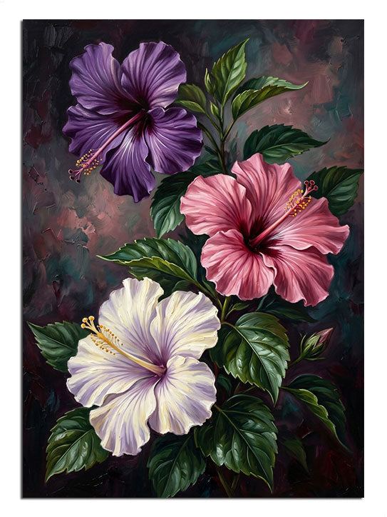 Koyu zeminde mor pembe beyaz hibiskus çiçeği buketi tablosu.