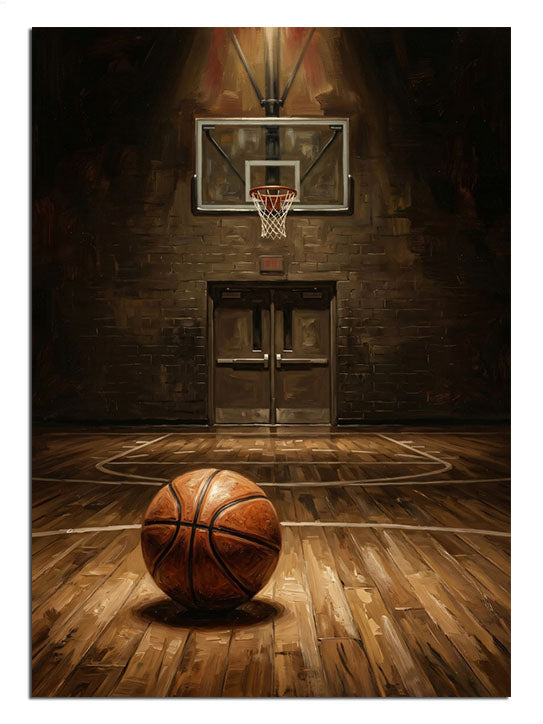 Loş spor salonunda pota ve basketbol topu manzarası tablosu.