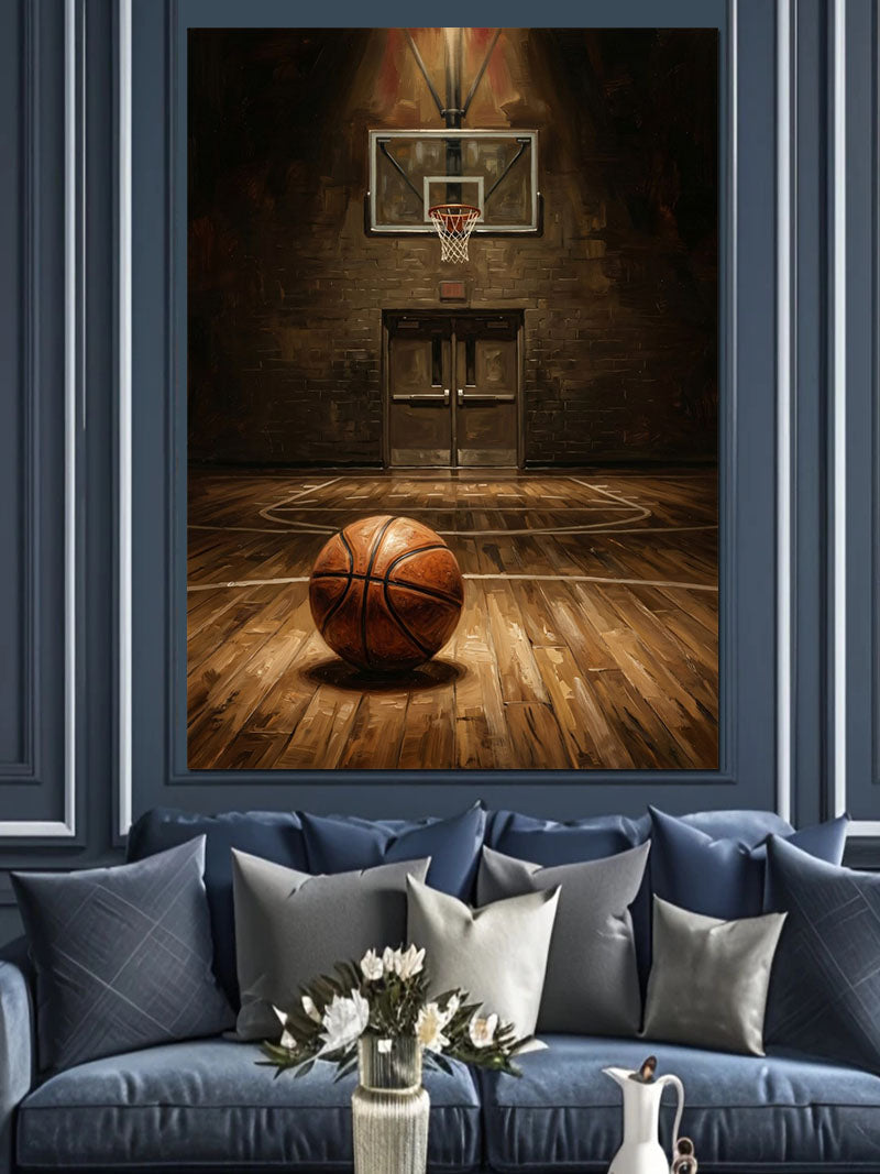Loş Spor Salonunda Basketbol Topu Kanvas Tablo
