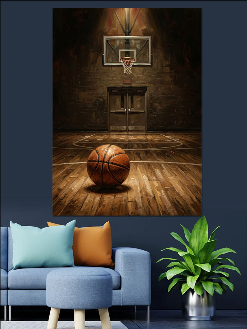 Loş Spor Salonunda Basketbol Topu Kanvas Tablo