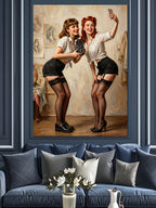 Selfie Çeken Retro Pin Up Kızlar Tablosu Kanvas Tablo