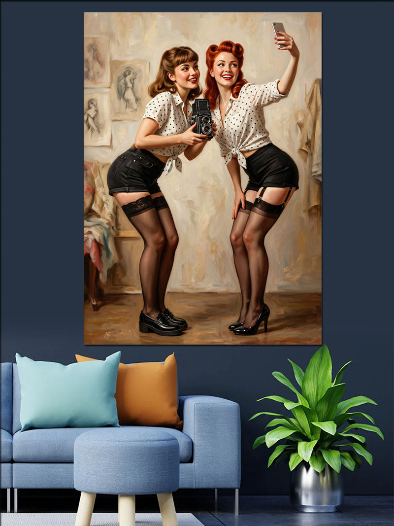 Selfie Çeken Retro Pin Up Kızlar Tablosu Kanvas Tablo