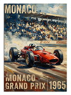 Monaco Grand Prix 1965 kırmızı yarış arabası vintage poster tablosu.