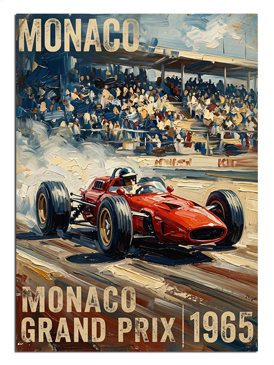 Monaco Grand Prix 1965 kırmızı yarış arabası vintage poster tablosu.