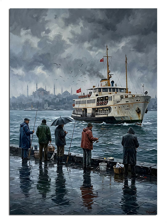Yağmurlu iskelede vapur bekleyen insanlar İstanbul manzarası tablosu.