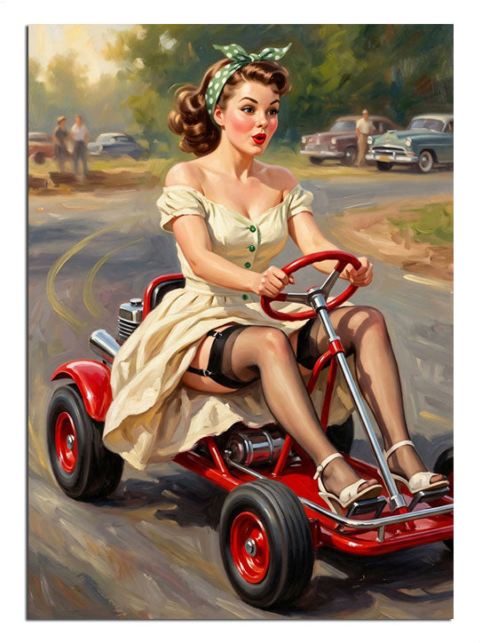 Kırmızı go kartta beyaz elbiseli pin-up kadın tablosu.
