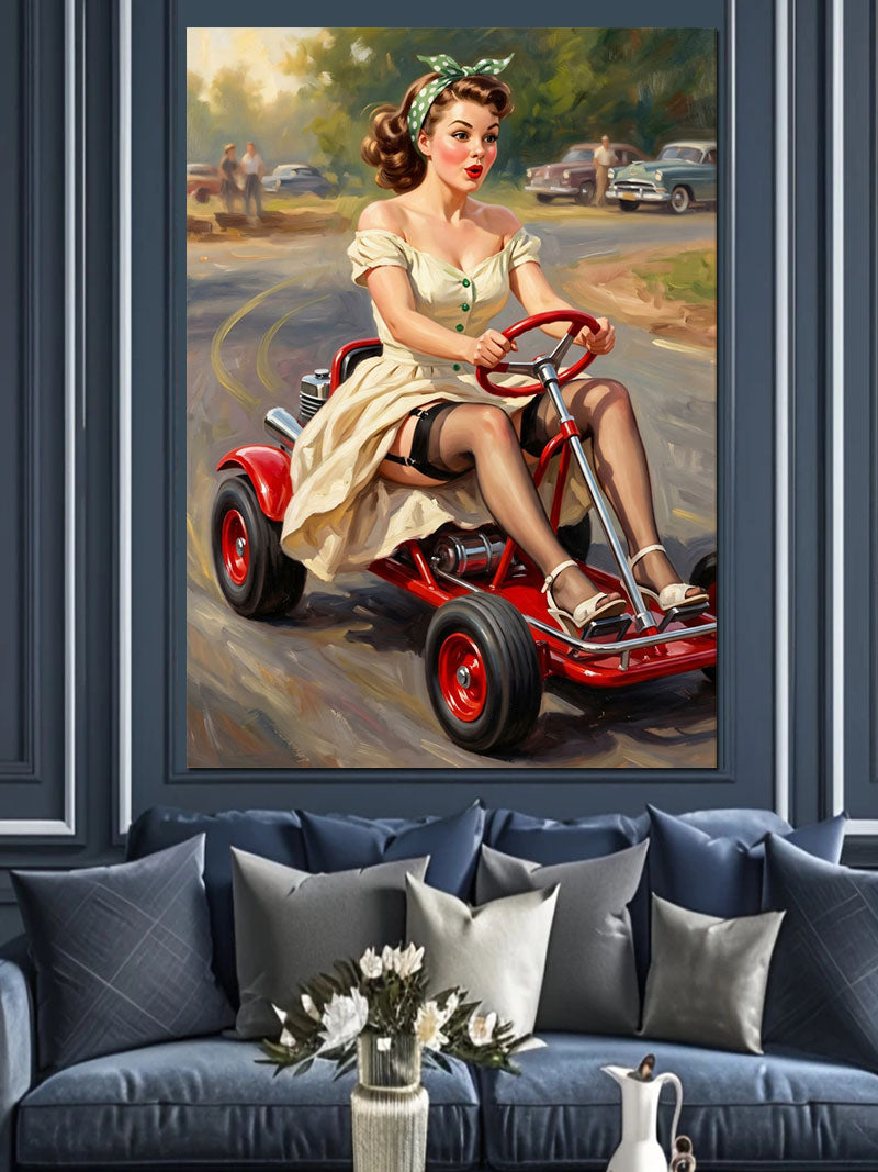 Kırmızı Go Kartta Pin Up Kadın Tablosu Kanvas Tablo