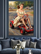 Kırmızı Go Kartta Pin Up Kadın Tablosu Kanvas Tablo
