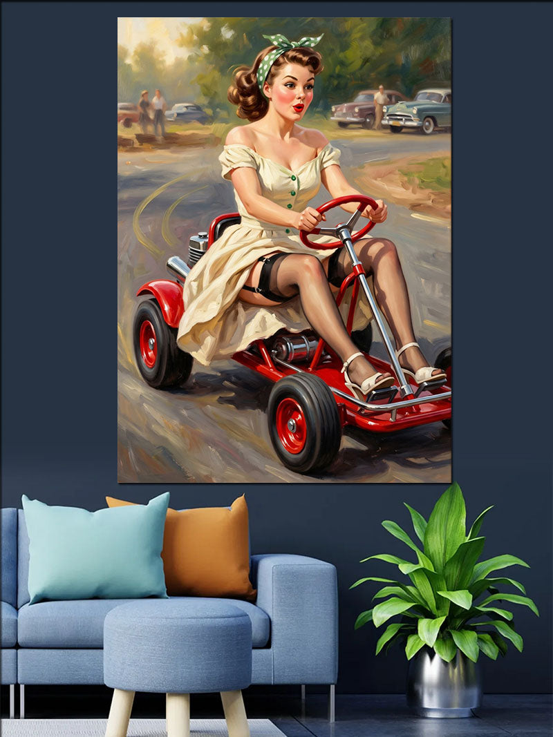 Kırmızı Go Kartta Pin Up Kadın Tablosu Kanvas Tablo
