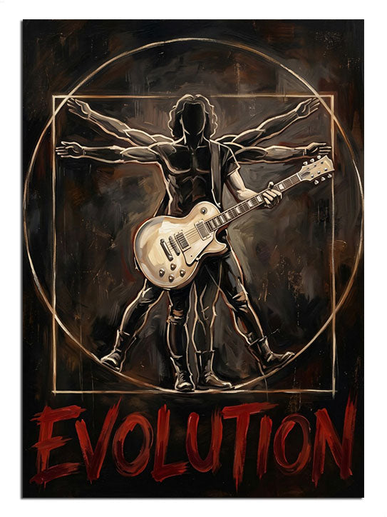 Gitarlı Vitruvius adamı Evolution yazılı rock poster tablosu.