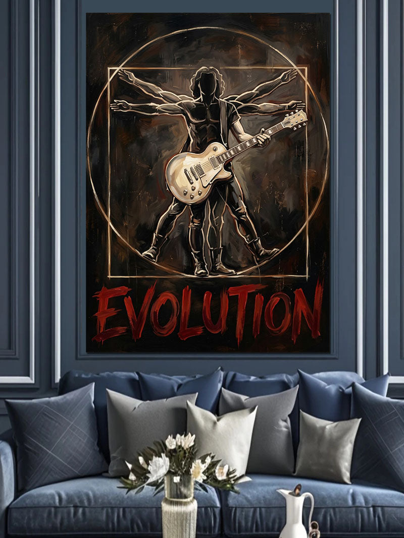 Gitarlı Vitruvius Adamı Rock Evolution Tablosu Kanvas Tablo