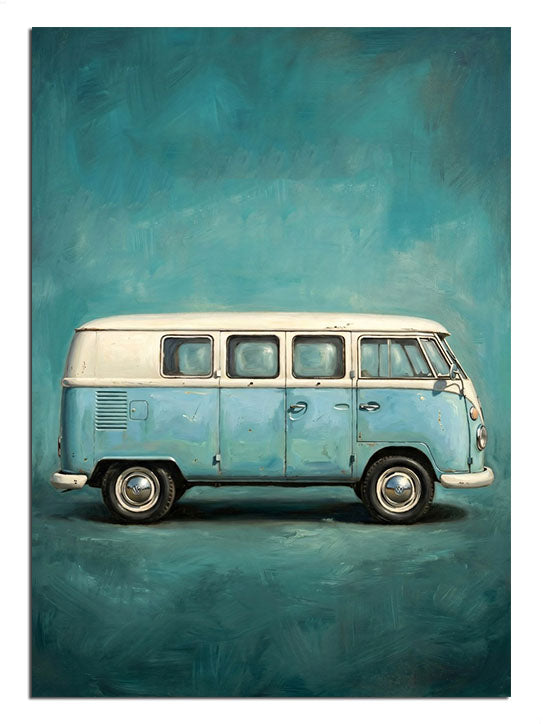 Mavi duvar önünde mavi vosvos minibüs vintage tablo.