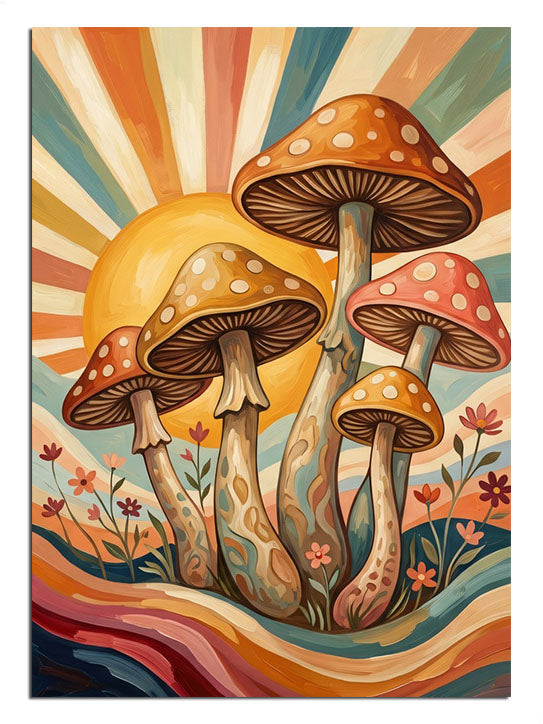 Güneşli ve renkli mantarlar psychedelic vintage poster tablosu.