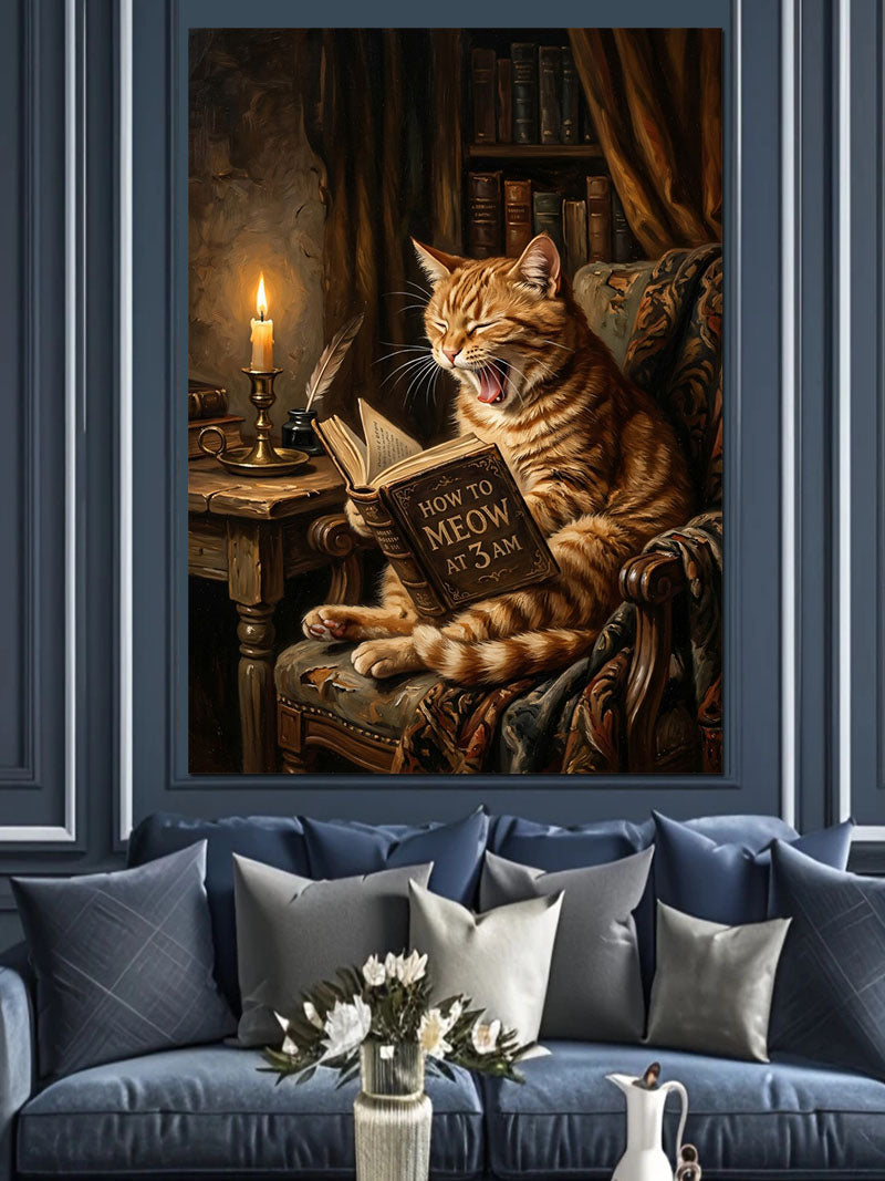 Koltukta Kitap Okuyan Turuncu Kedi Tablosu Kanvas Tablo