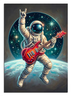 Uzayda kırmızı gitar çalan astronot rock tablosu.