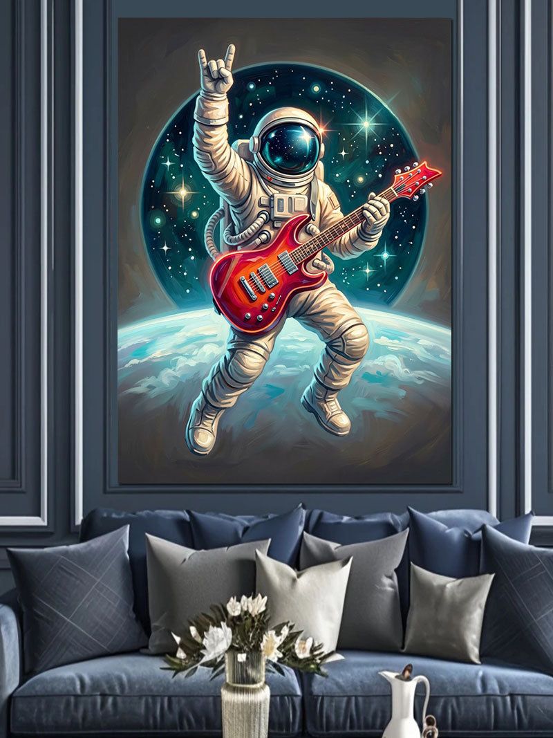 Uzayda Gitar Çalan Astronot Rock Tablosu Kanvas Tablo
